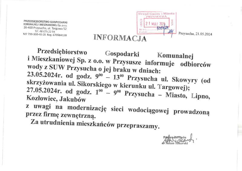  Informacja PGKiM w sprawie braku wody 