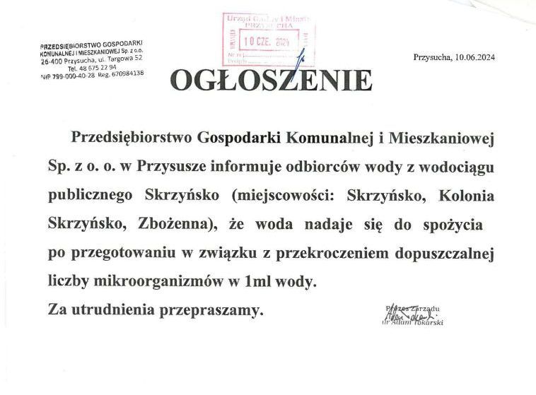 Informacja PGKiM dla mieszkańców Skrzyńska i Zbożenny