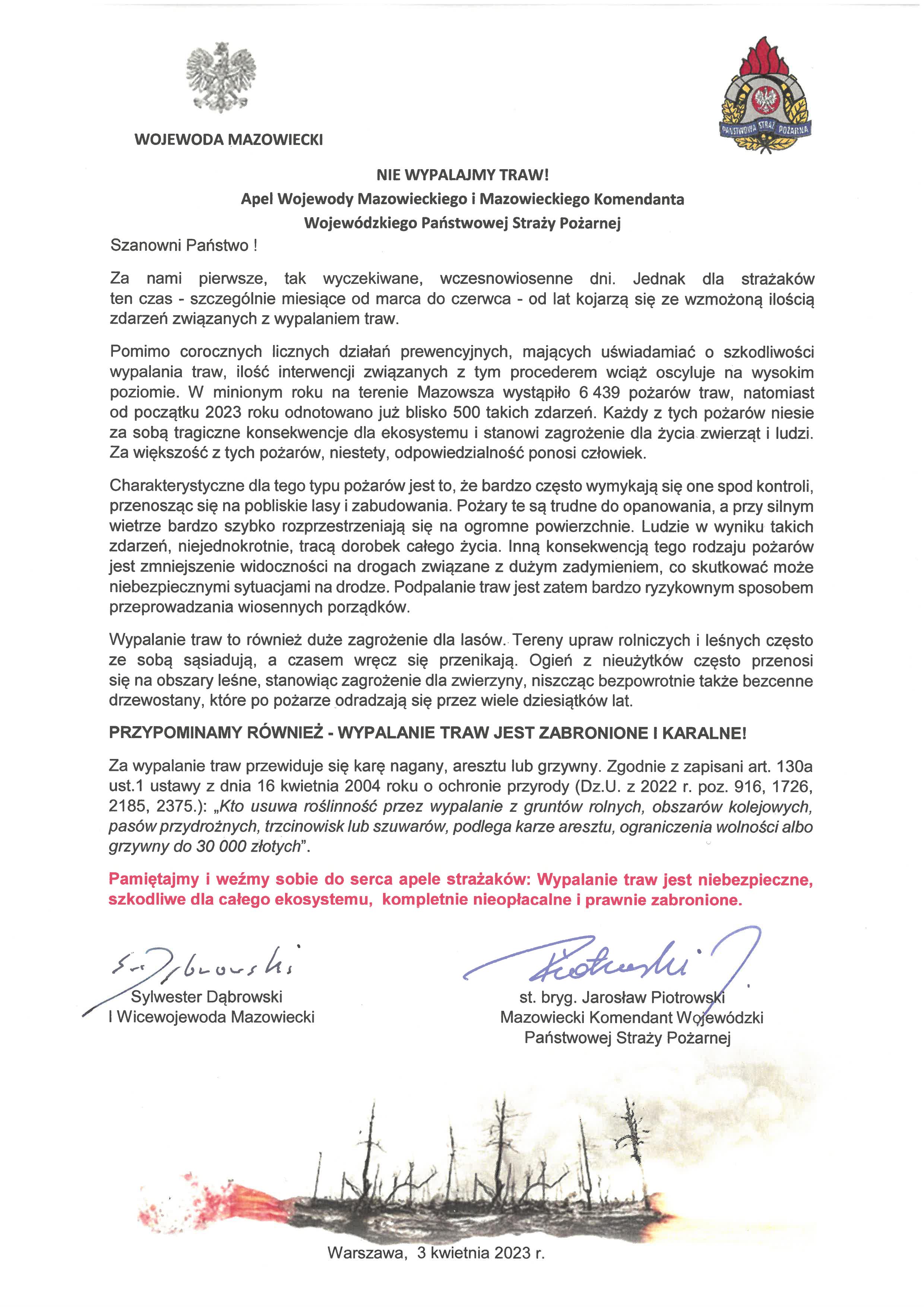 Apel o niewypaleniu traw