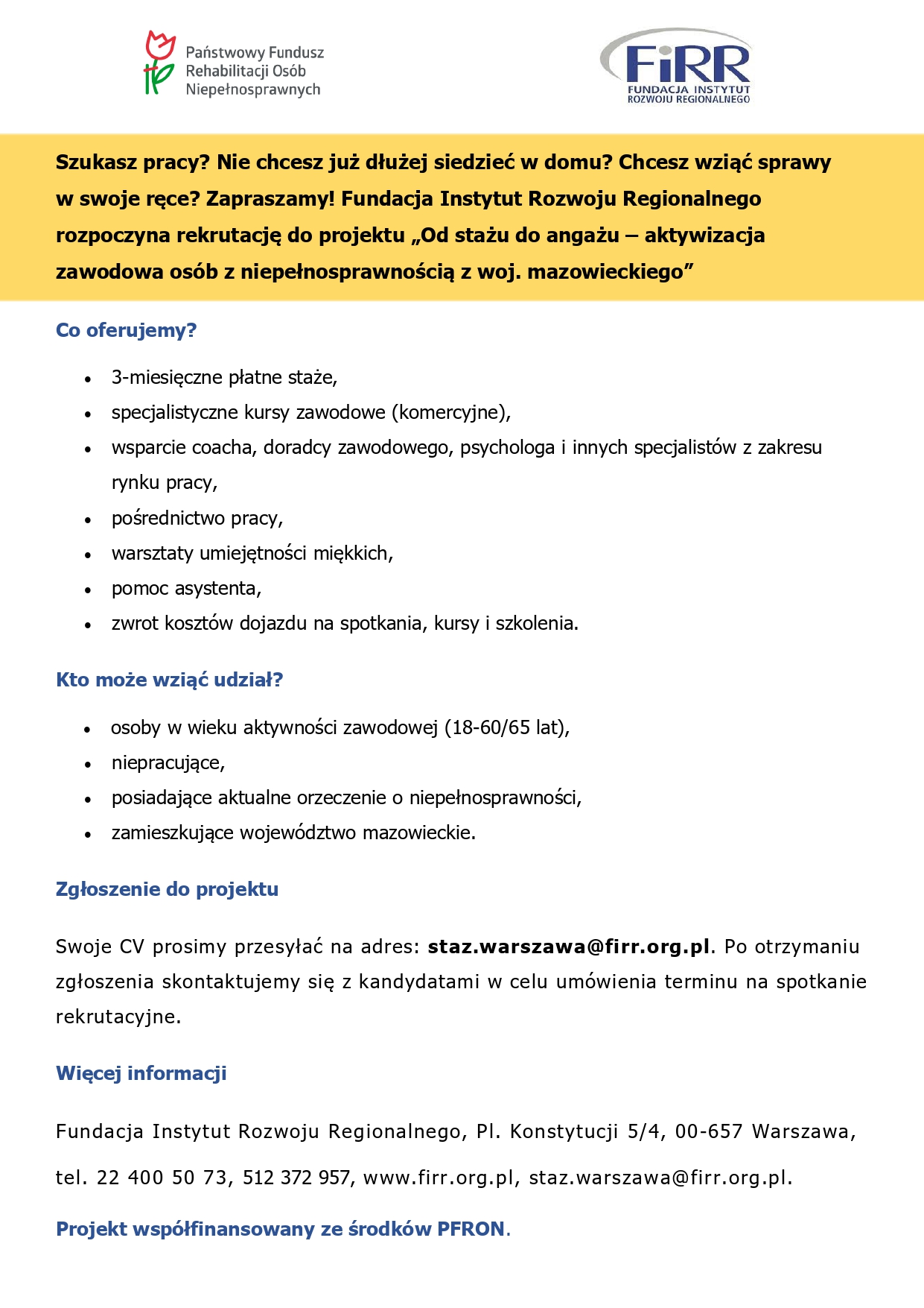 Ulotka projekt stażowy FIRR PFRON
