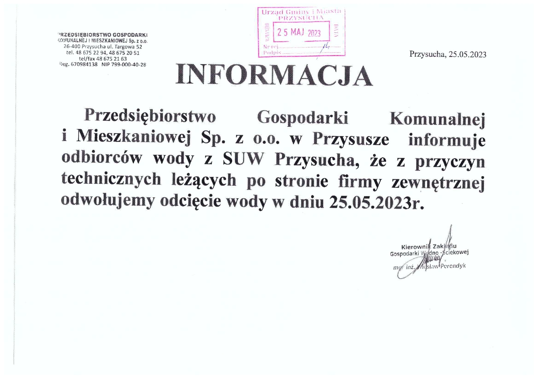 Informacja dla odbiorców wody z ujęcia SUW Przysucha