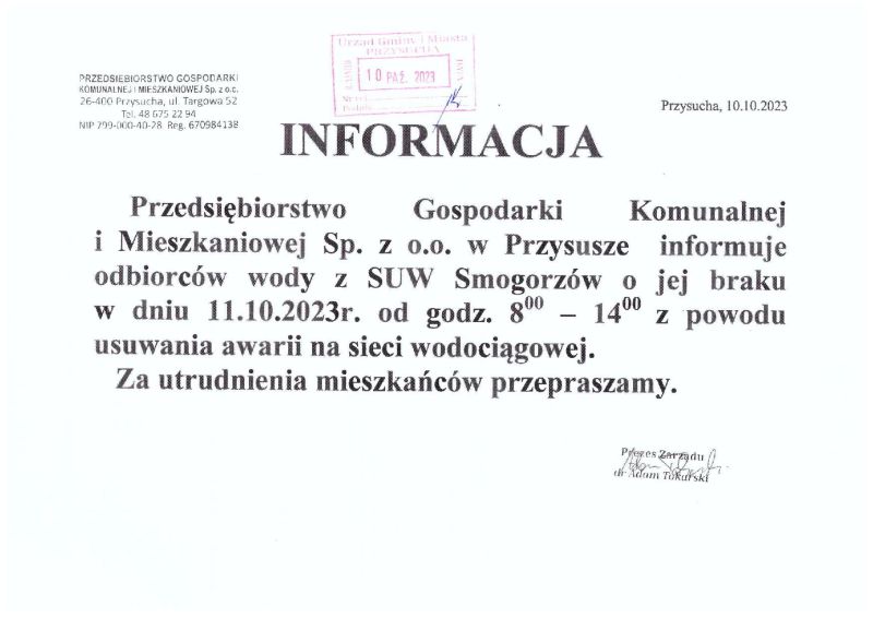 Informacja PGKiM dla odbiorców wody z SUW Smogorzów