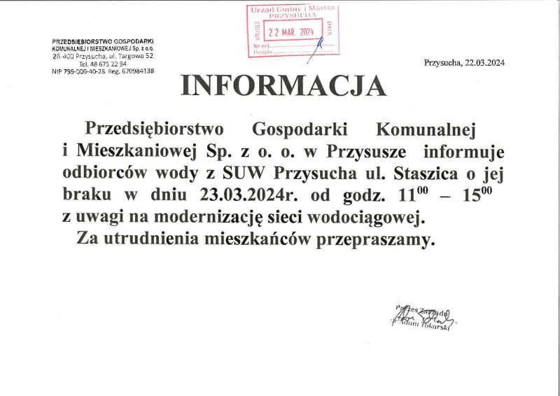  Informacja PGKiM w sprawie braku wody dla mieszkańców ul. Staszica w Przysusze