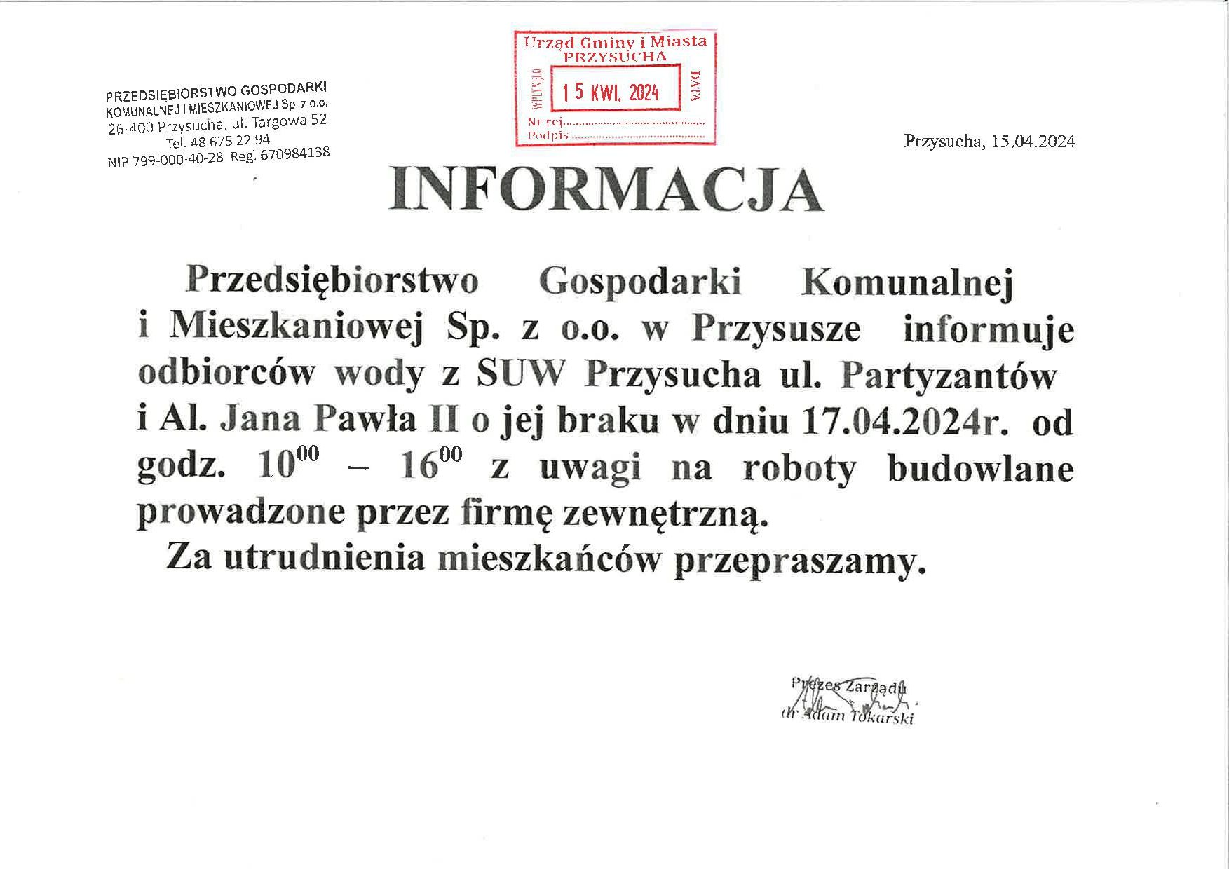 Informacja o braku wody